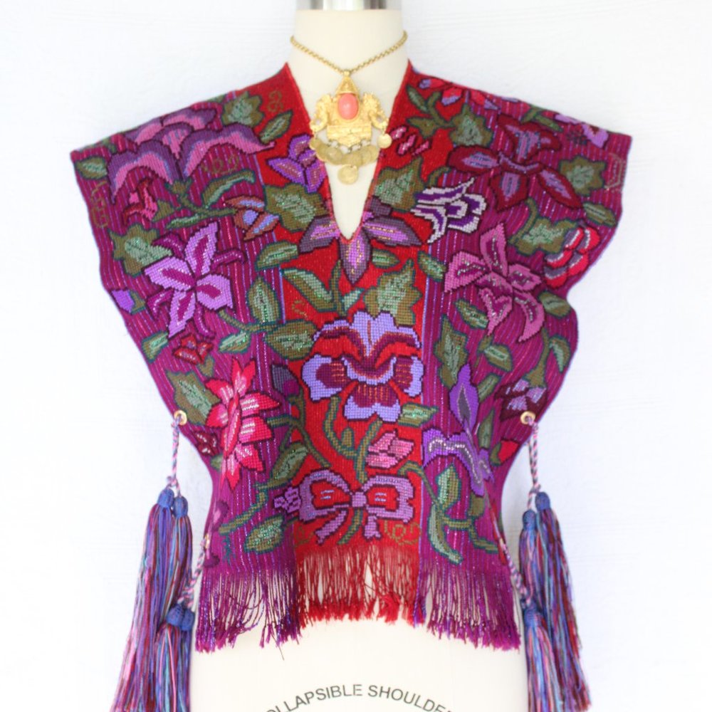 SOLD Vintage Needlepont tassel fringe woven ethnic floal aztec vest poncho - Picture 8 of 10